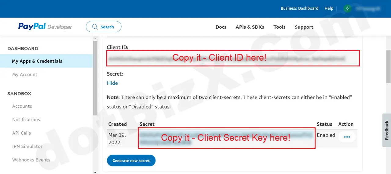 Copy Client ID & Secret Client Key and pass them to dotBizX.Com