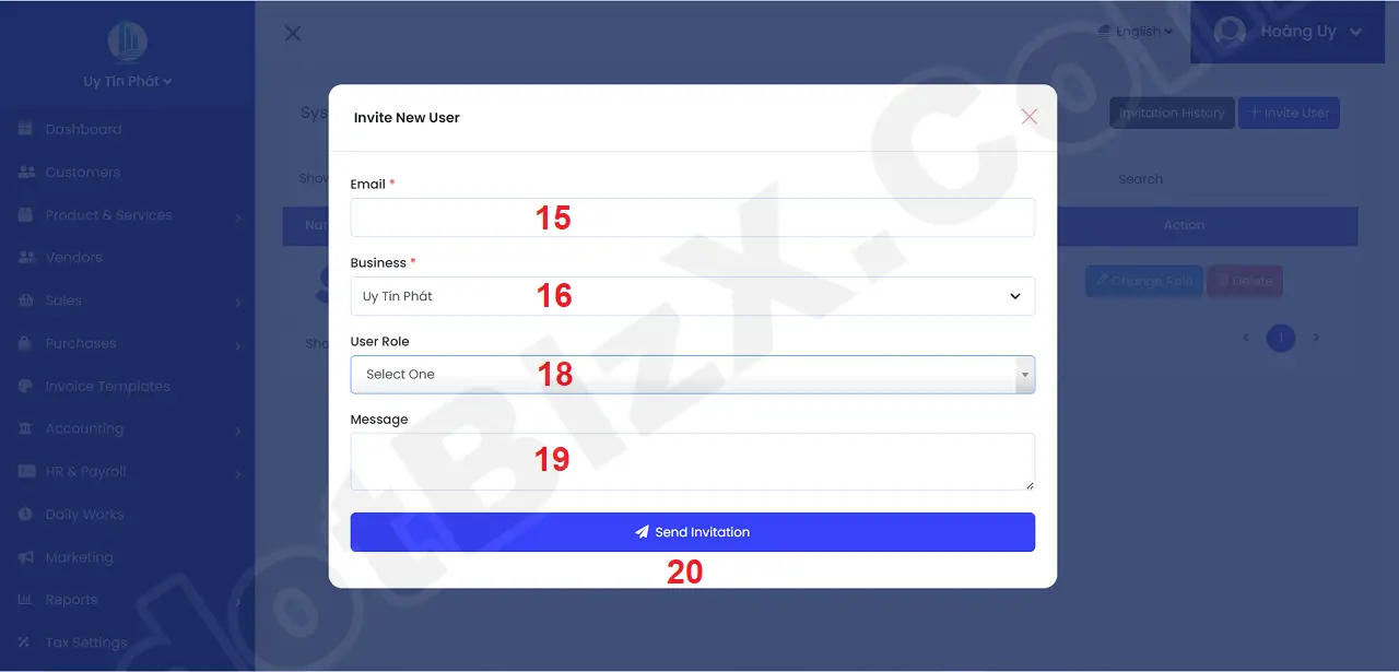 Invite user to the business