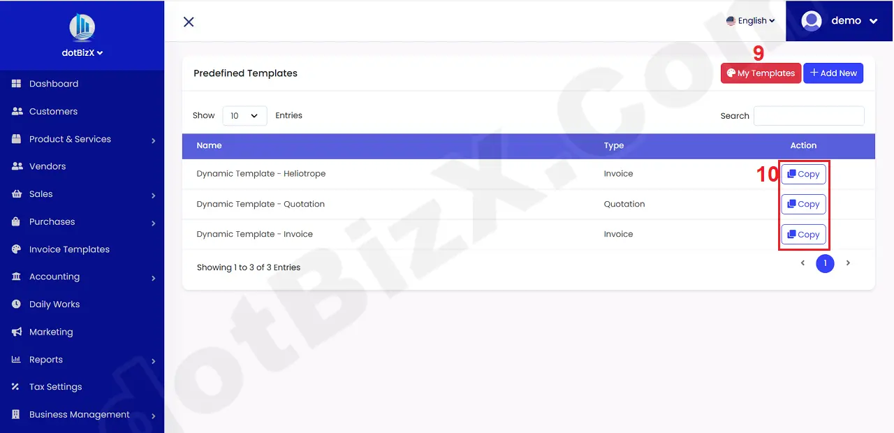 List of Predefined Templates
