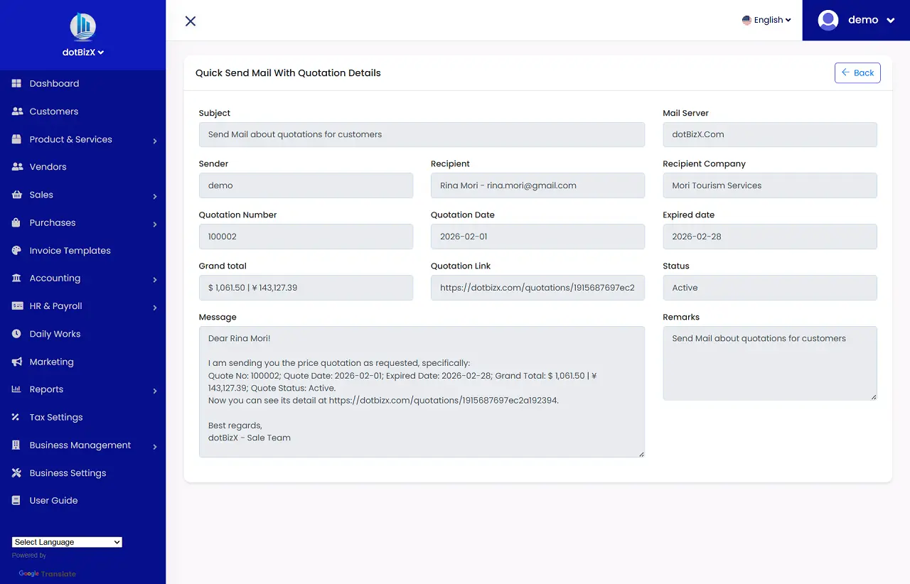 Quick Send Mail With Quotation Details Form