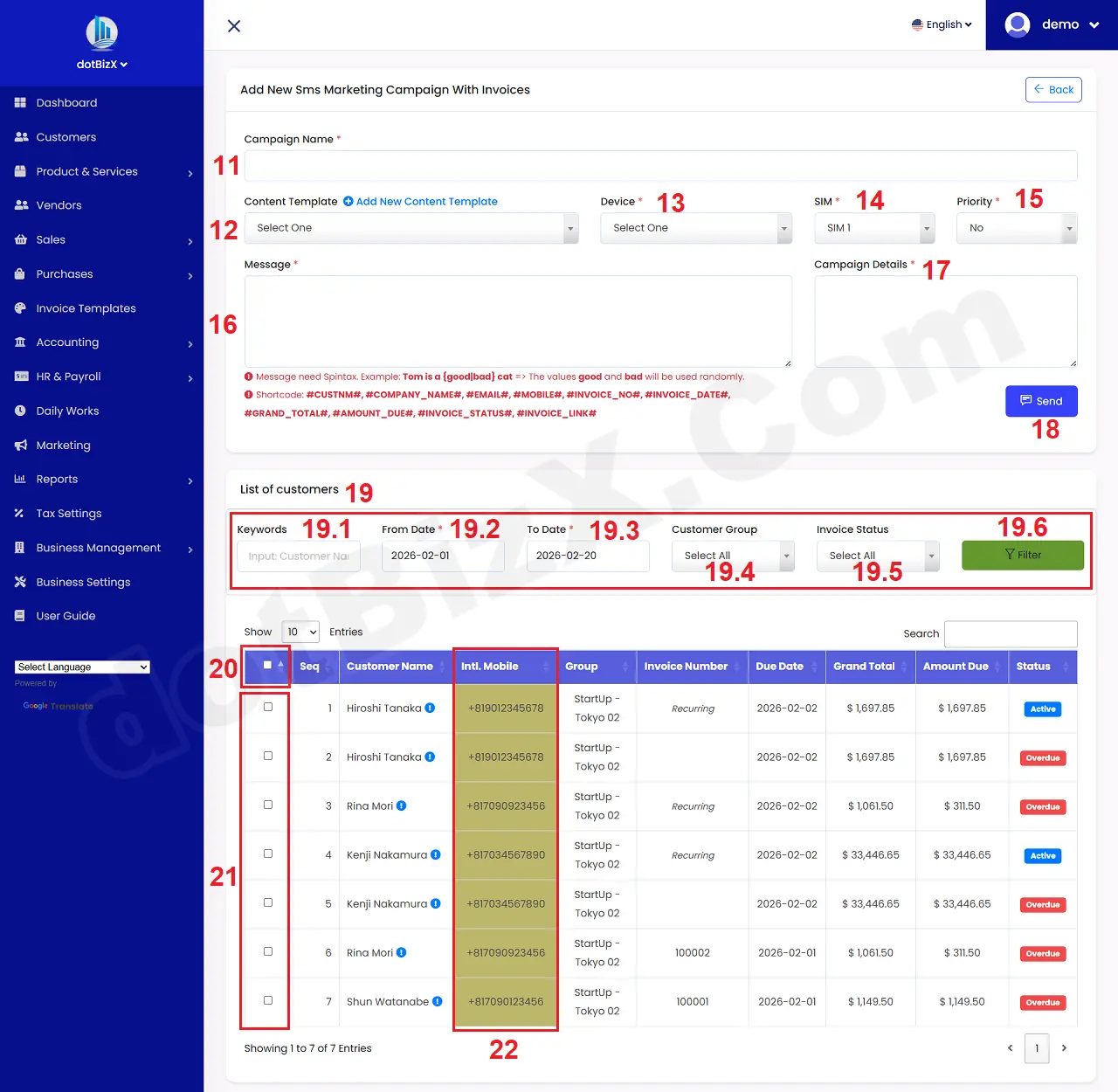 Add New Sms Marketing Campaign With Invoices Form
