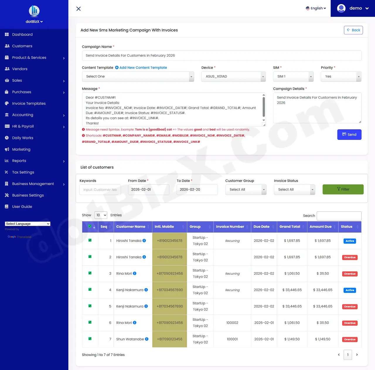 Add New Sms Marketing Campaign With Invoices Form - Content without Spintax