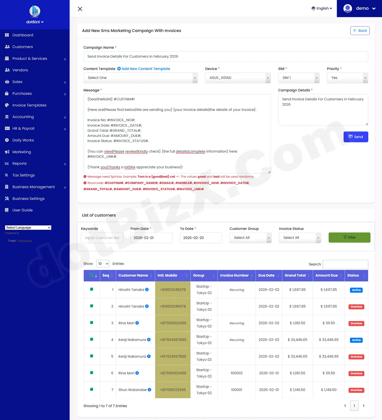 Add New Sms Marketing Campaign With Invoices Form - Content with Spintax