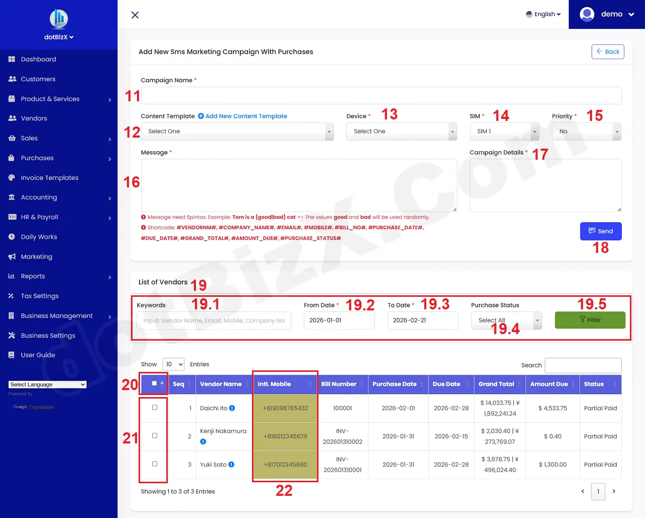 Add New Sms Marketing Campaign With Purchases Form
