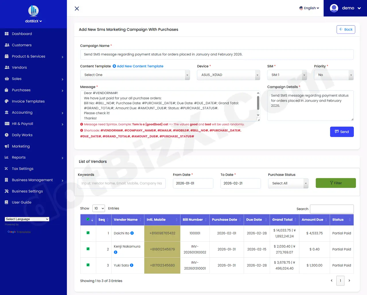Add New Sms Marketing Campaign With Purchases Form - Content without Spintax