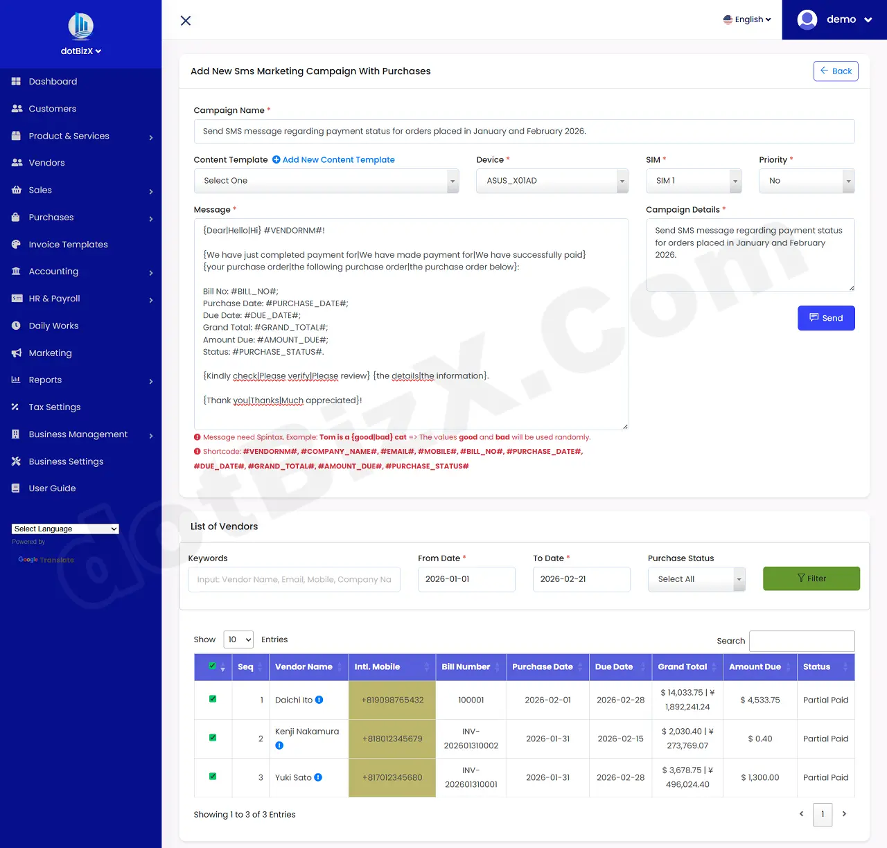 Add New Sms Marketing Campaign With Purchases Form - Content with Spintax