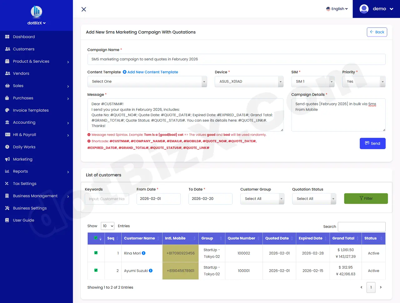 Add New Sms Marketing Campaign With Quotations Form - Content without Spintax