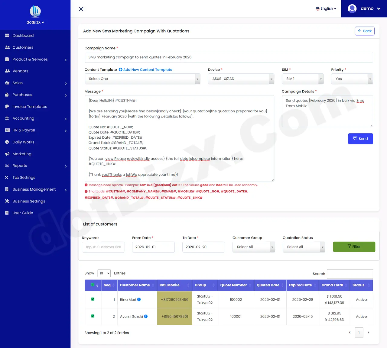 Add New Sms Marketing Campaign With Quotations Form - Content with Spintax