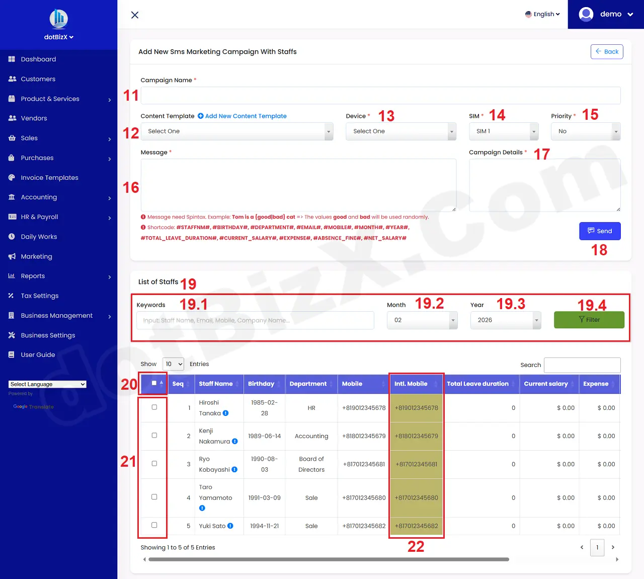 Add New Sms Marketing Campaign With Staffs Form