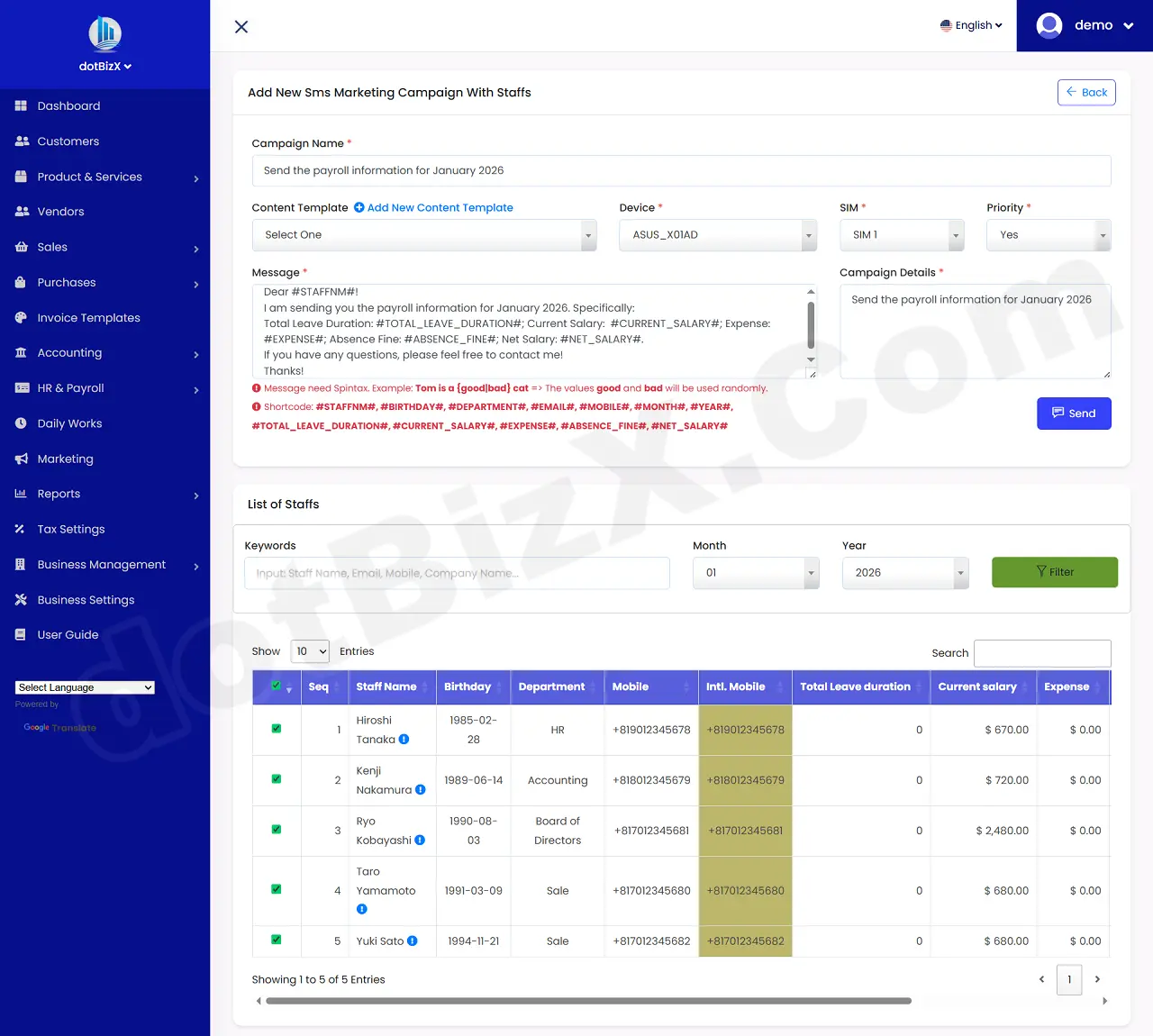 Add New Sms Marketing Campaign With Staffs Form - Content without Spintax