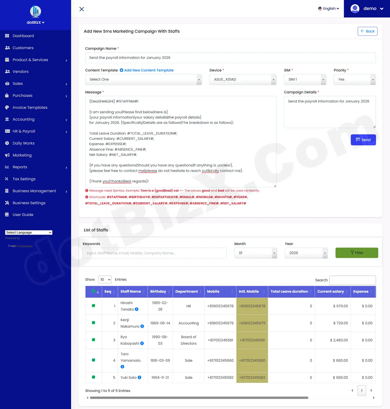 Add New Sms Marketing Campaign With Staffs Form - Content with Spintax