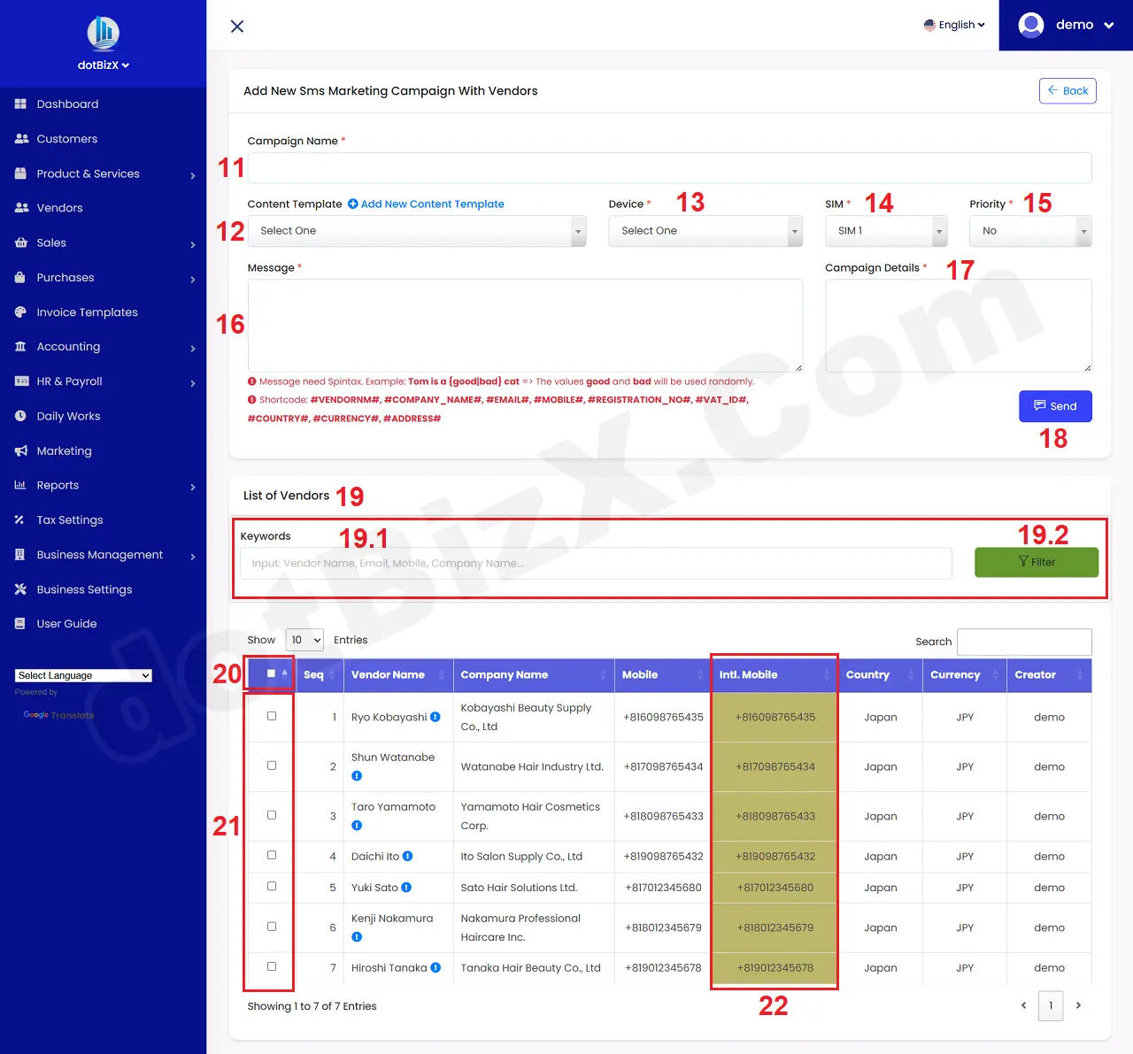 Add New Sms Marketing Campaign With Vendors Form