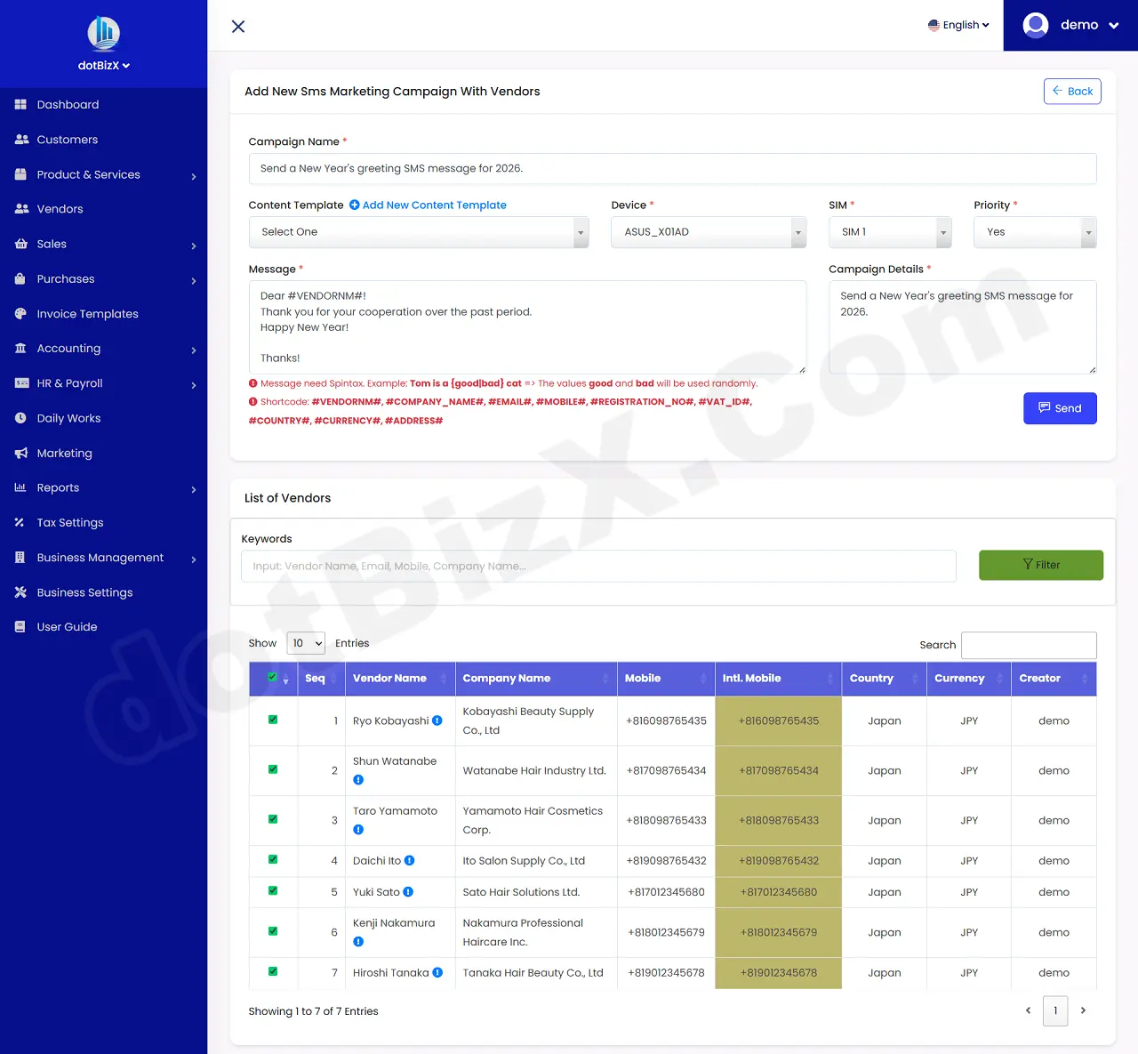 Add New Sms Marketing Campaign With Vendors Form - Content without Spintax