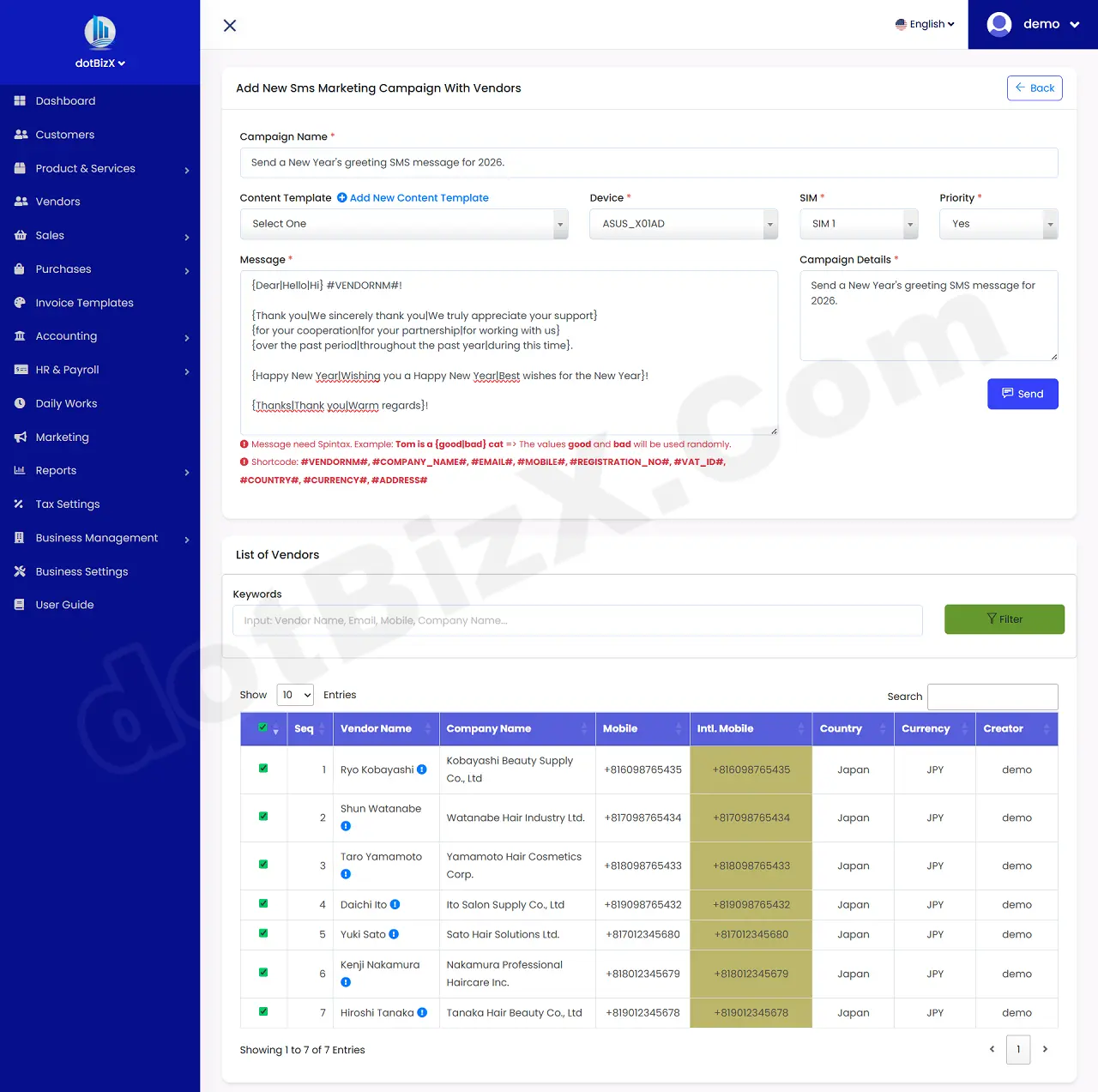 Add New Sms Marketing Campaign With Vendors Form - Content with Spintax