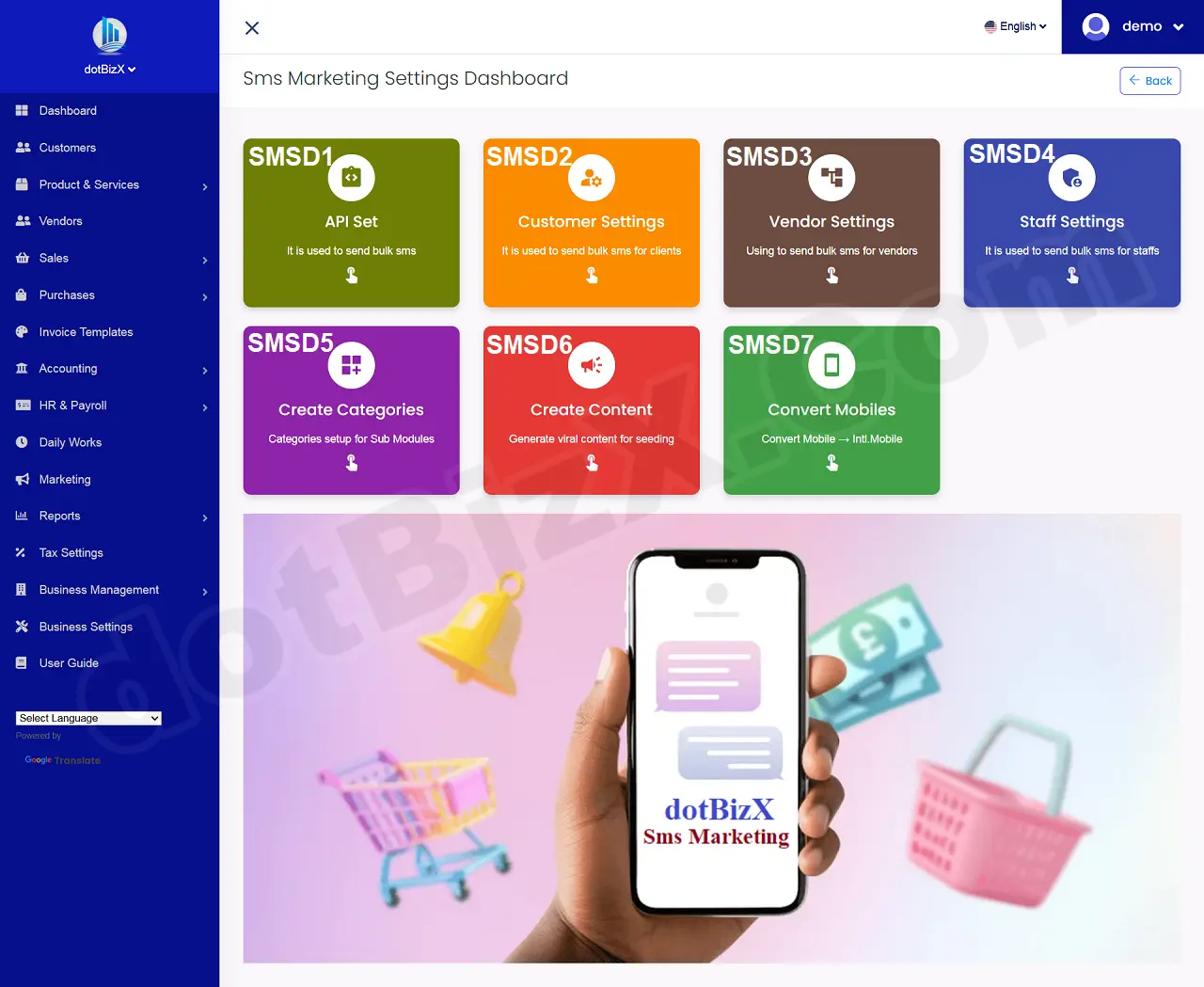 Interface of Sms Marketing Settings Dashboard