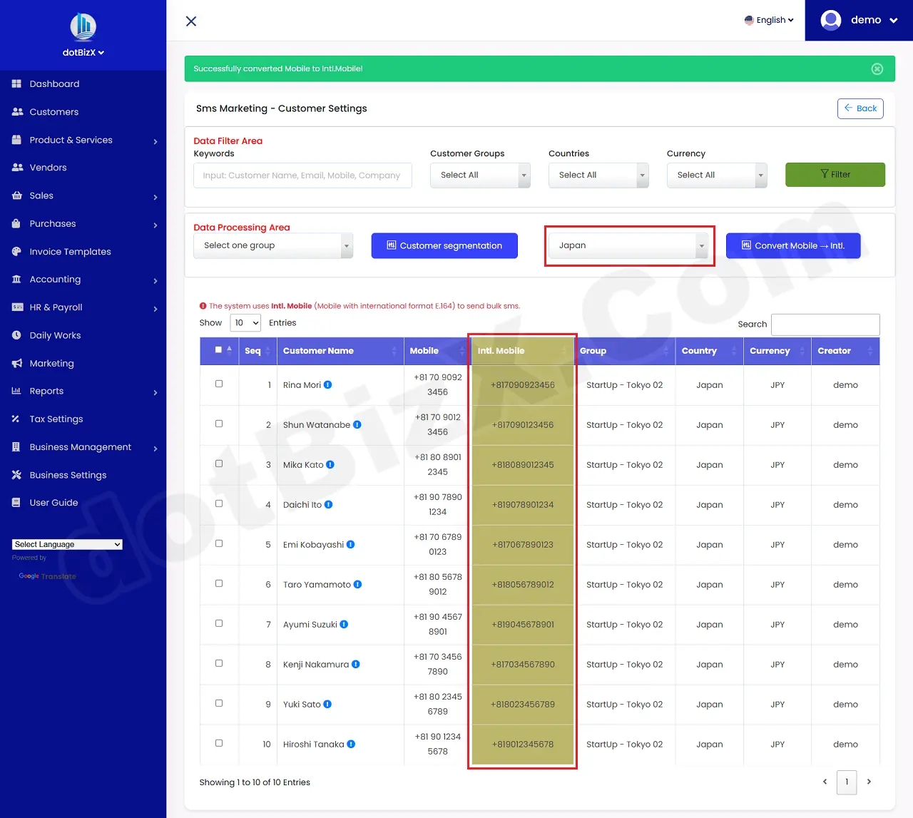 Result of Convert Mobile to Intl. Mobile