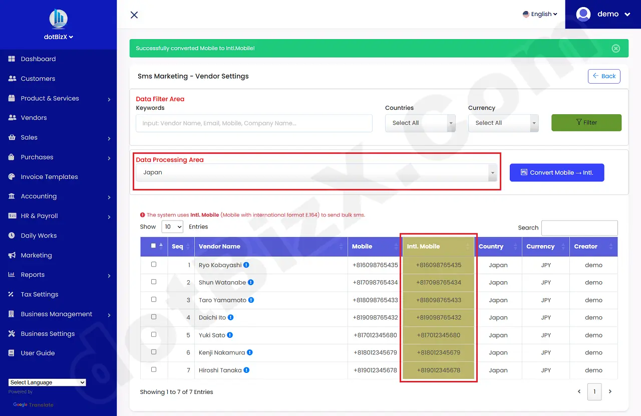 Illustration 08: Result of Convert Mobile to Intl. Mobile
