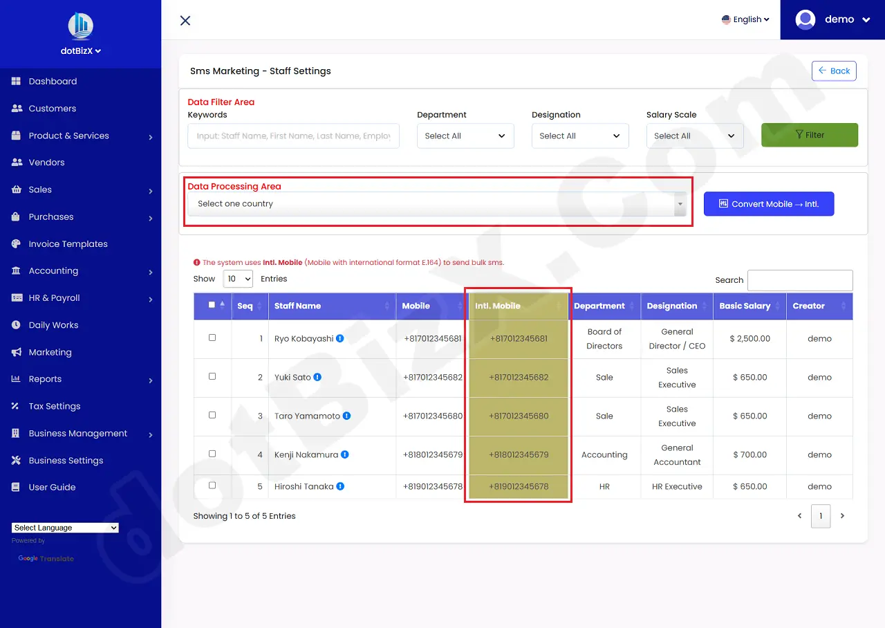 Illustration 08: Result of Convert Mobile to Intl. Mobile