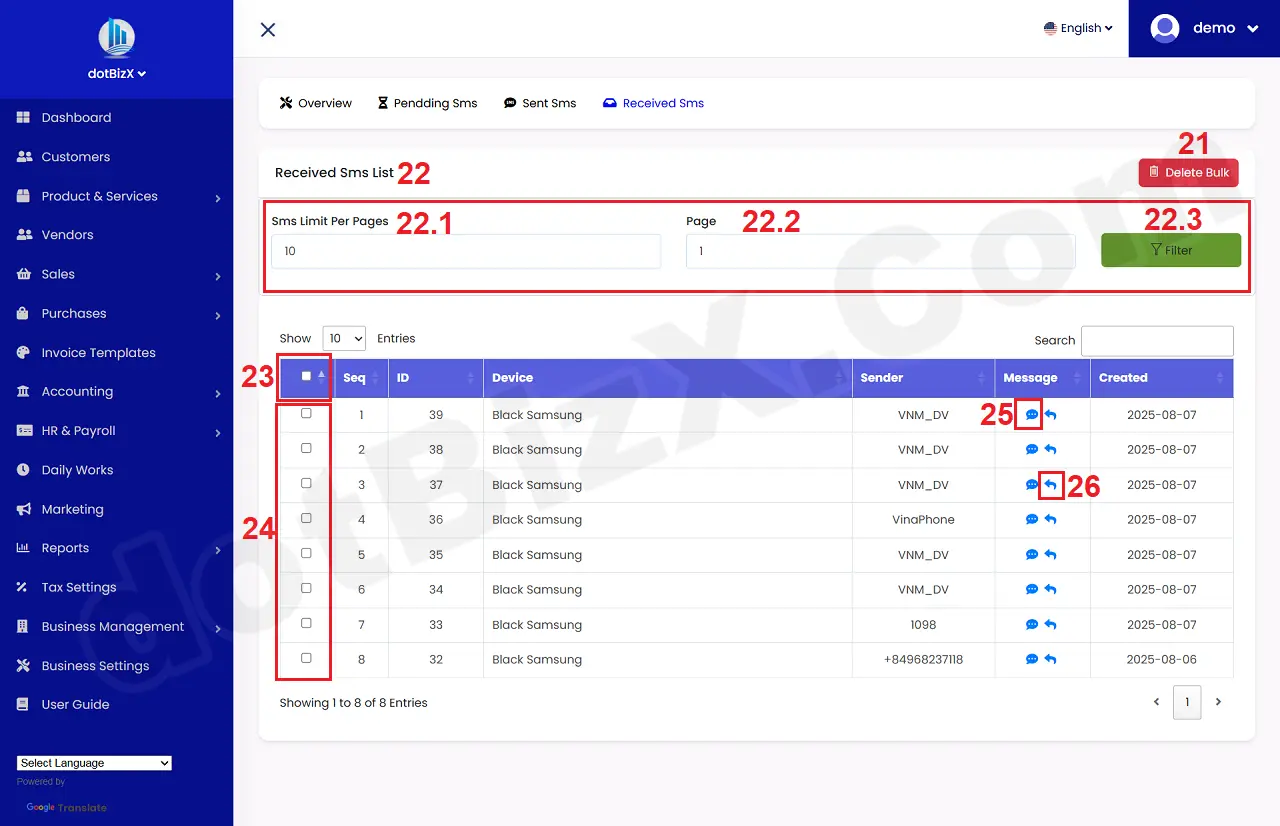 Report about Received Sms