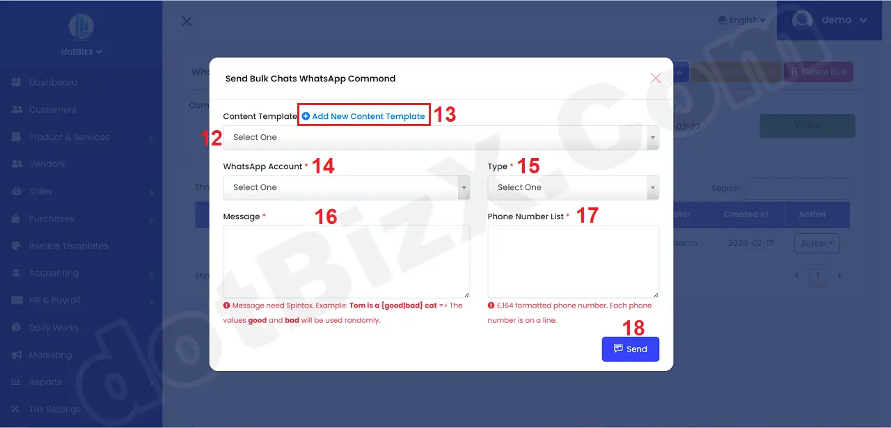 Send Bulk Chats Commond Form