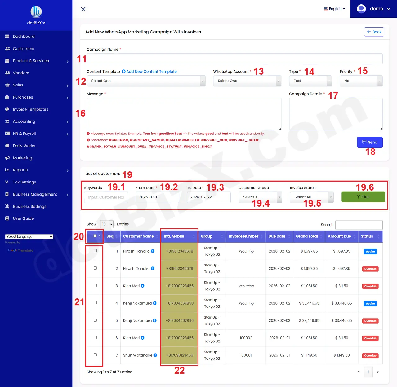 Add New WhatsApp Marketing Campaign With Invoices Form
