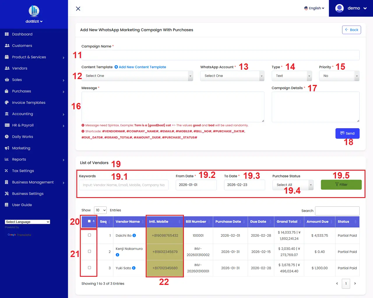 Add New WhatsApp Marketing Campaign With Purchases Form