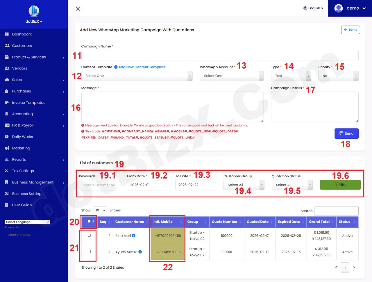 Add New WhatsApp Marketing Campaign With Quotations Form