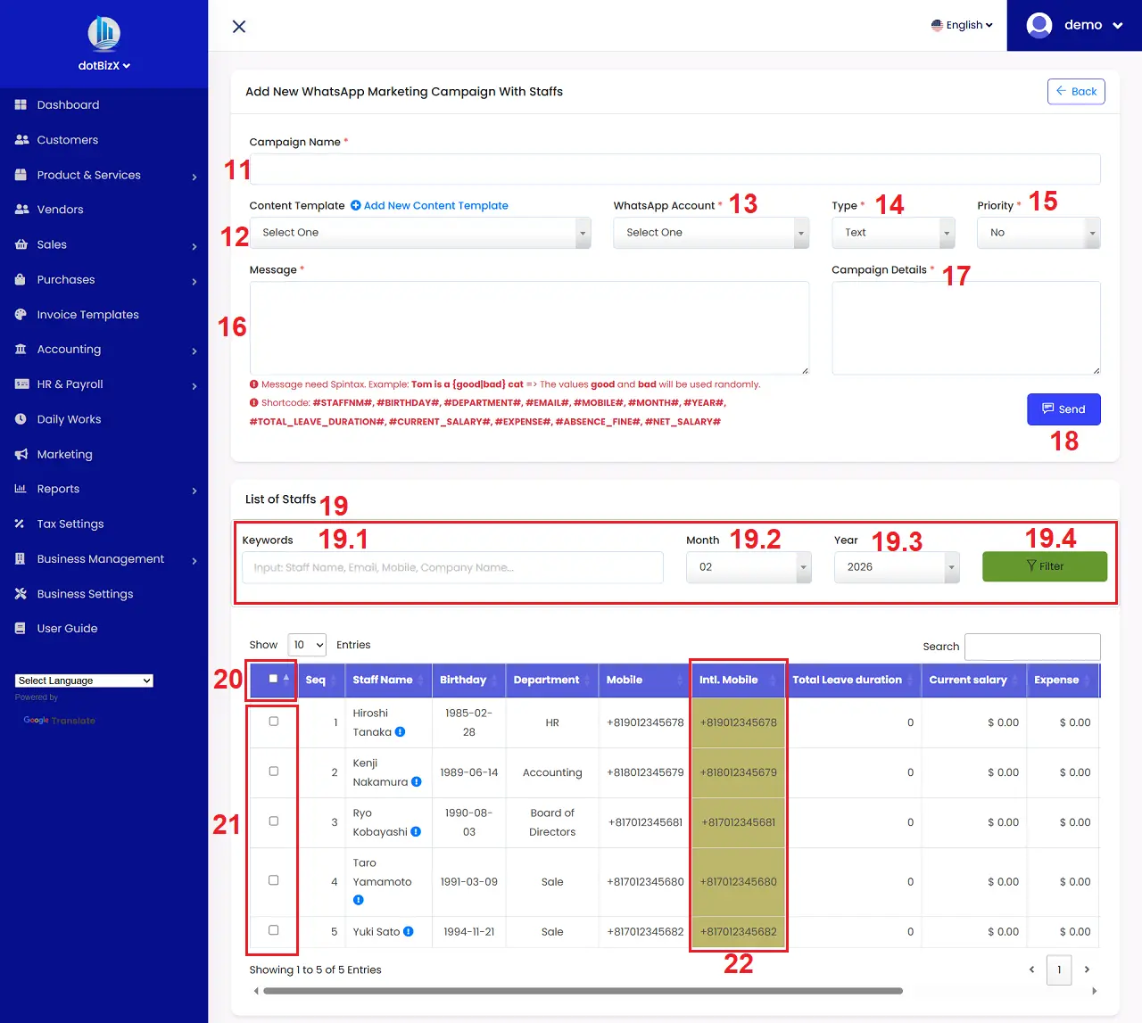 Add New WhatsApp Marketing Campaign With Staffs Form