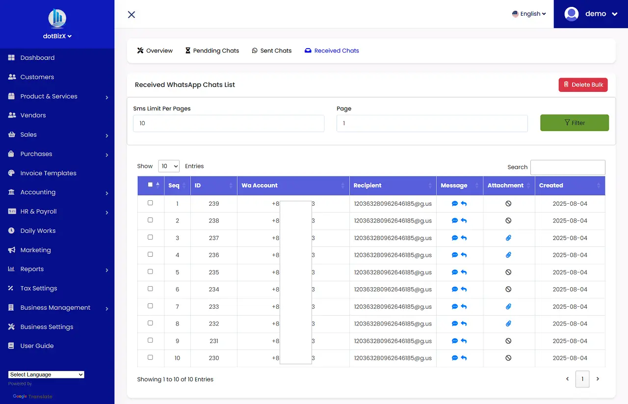 Report about Received Chats