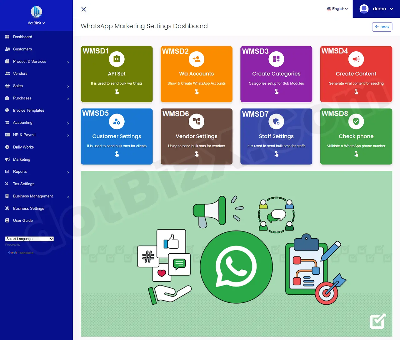 Interface of WhatsApp Marketing Settings Dashboard