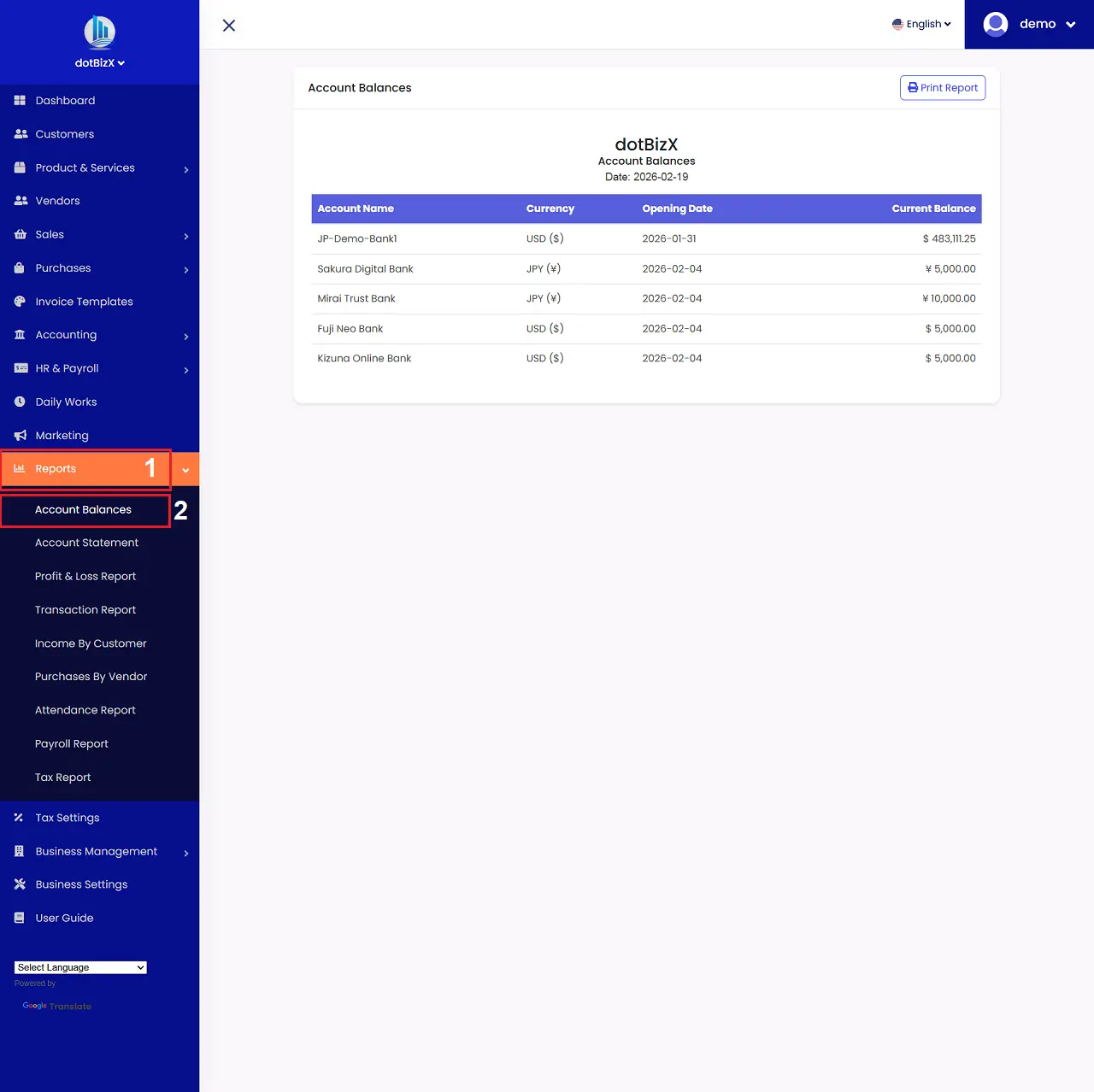 Account Balances Report