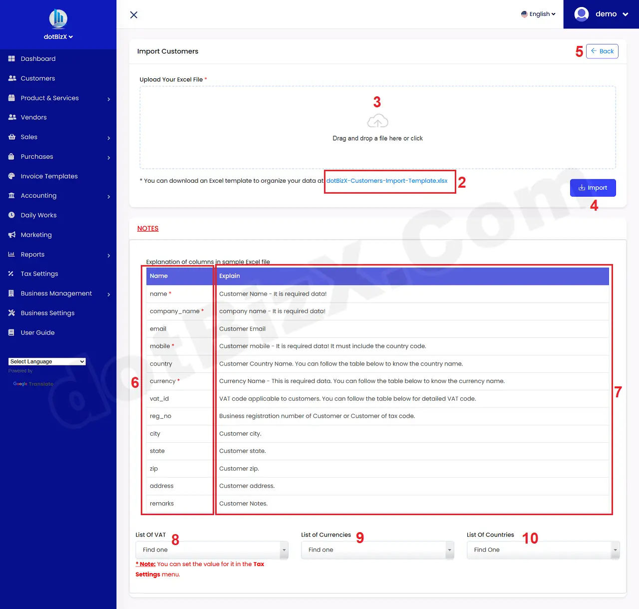 The interface of import customers