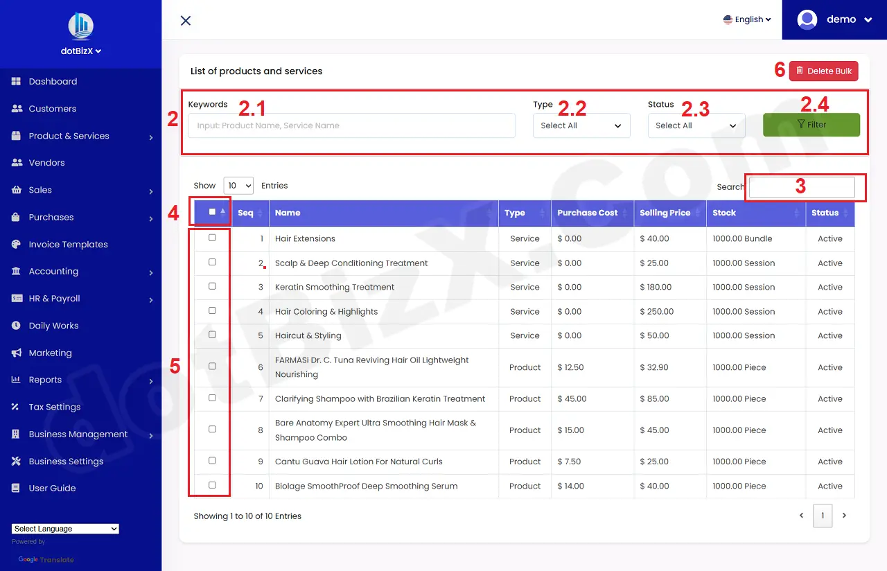 List of Products & Services