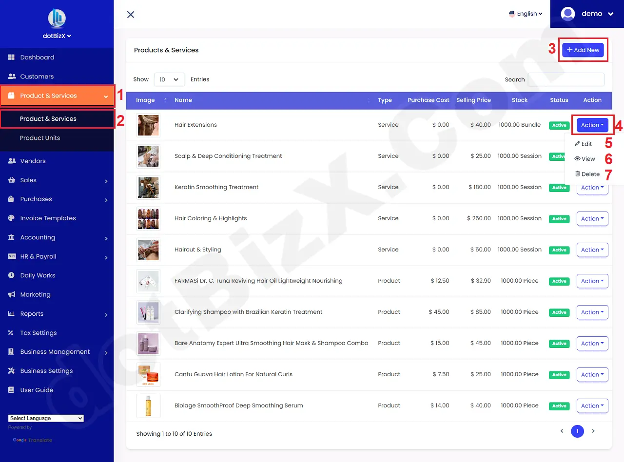 List of Products and Services