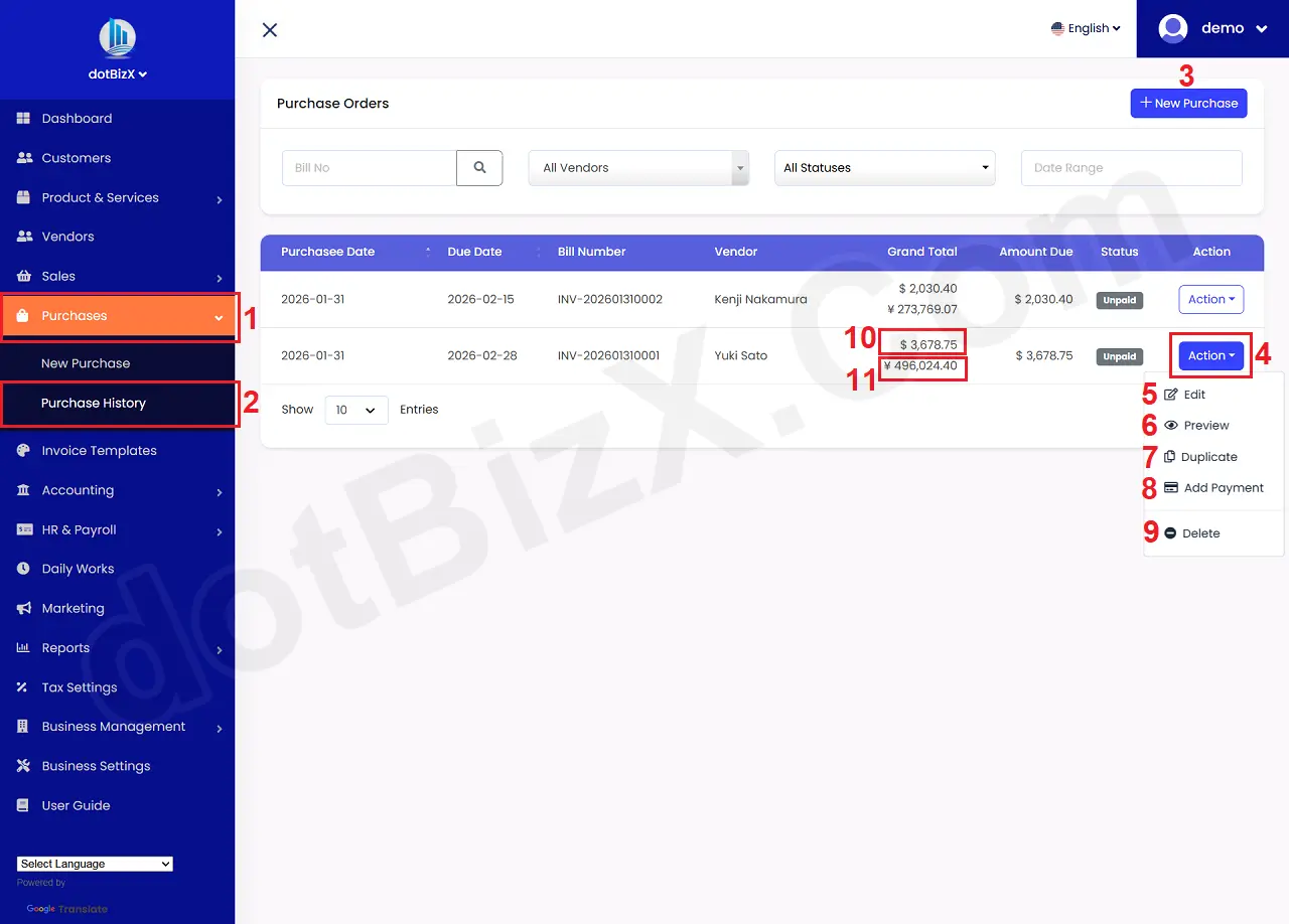 List of Purchase Orders