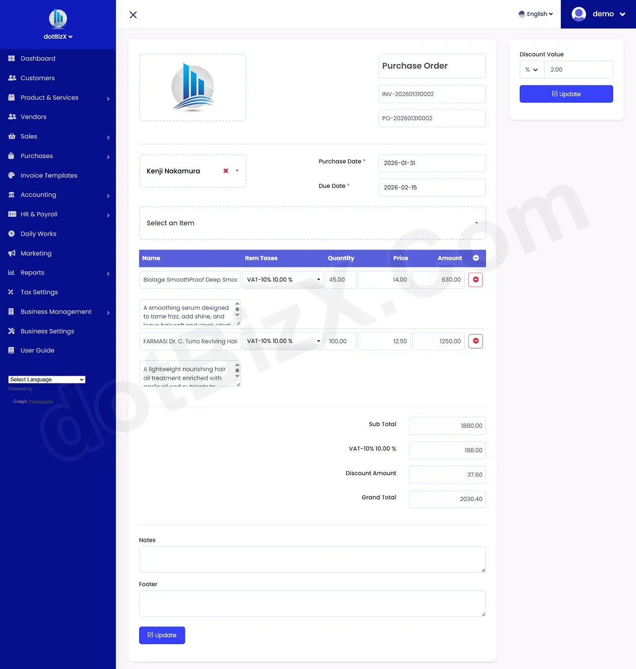 Edit an existing purchase order