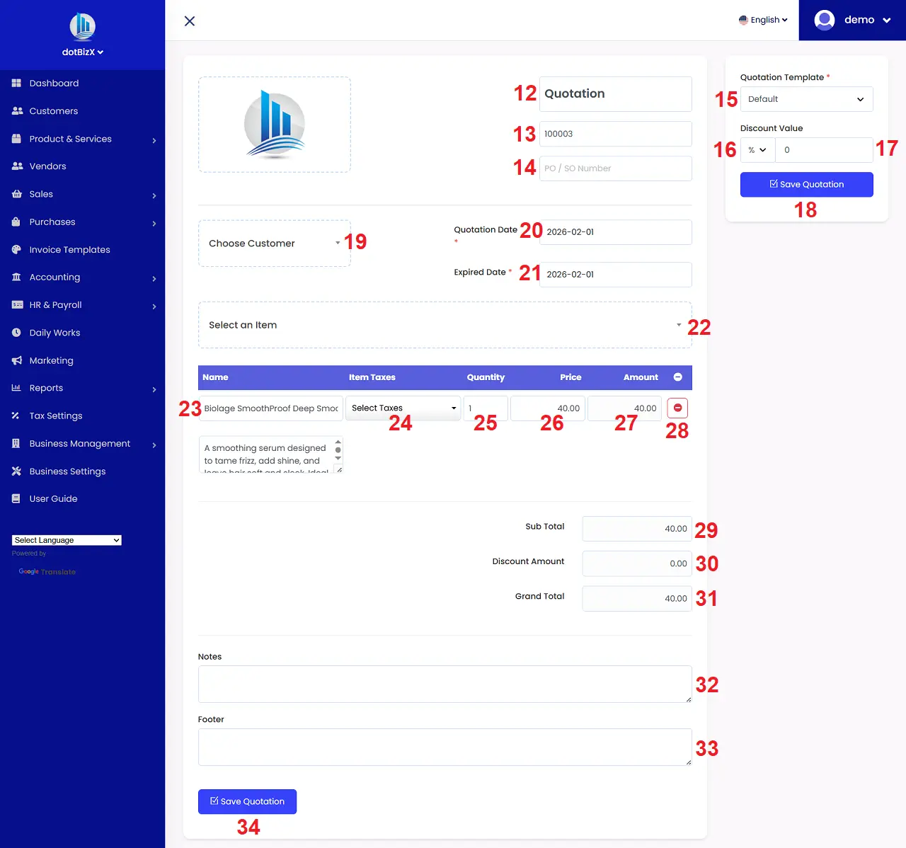 Add New Quotations Form