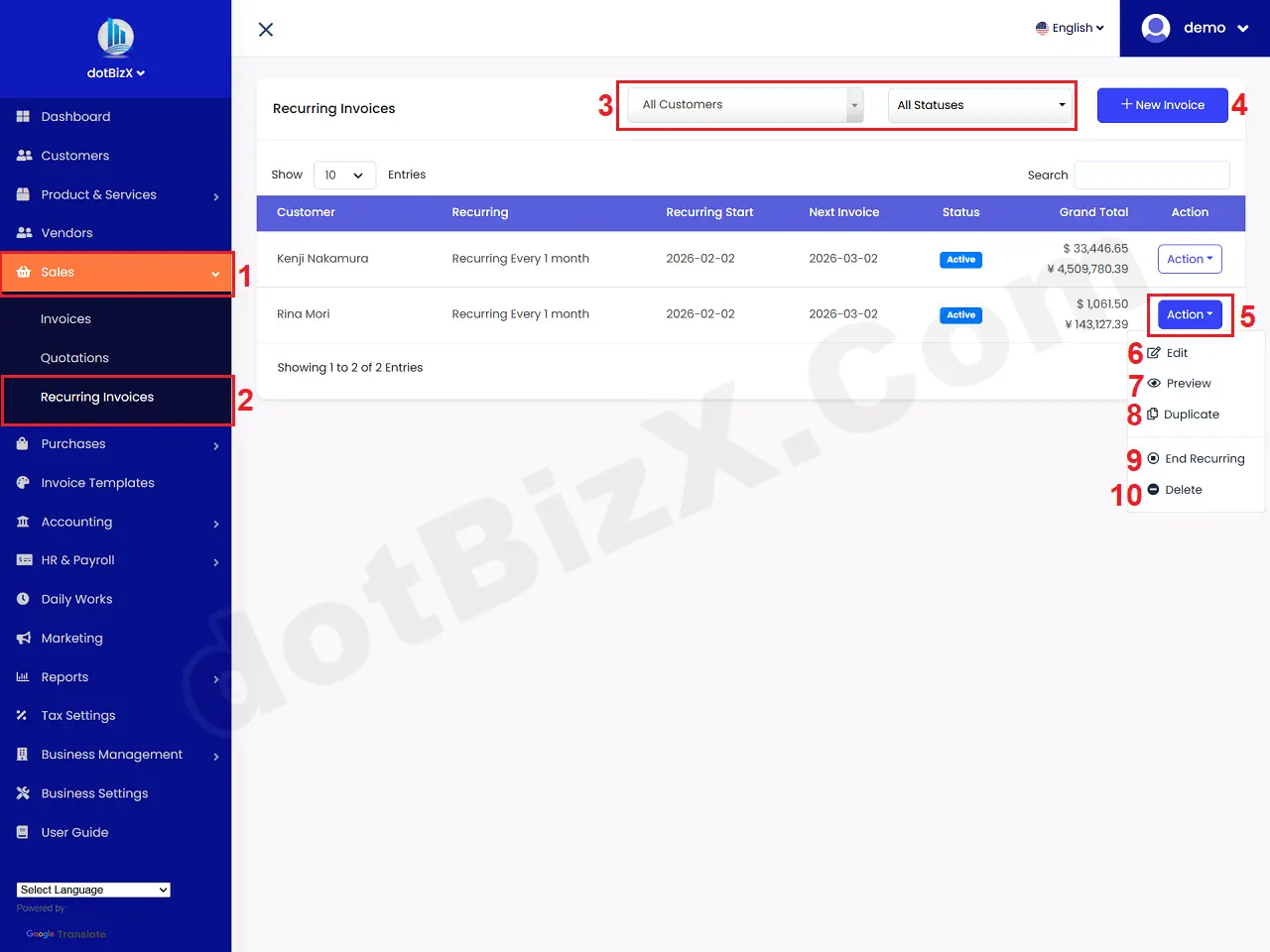 List of Recurring Invoices