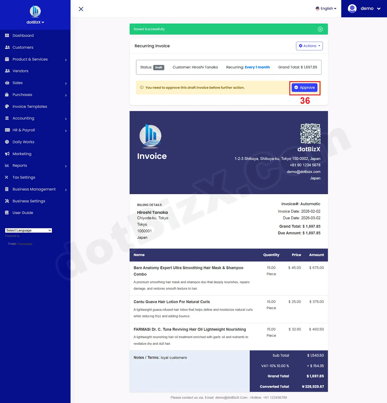 Approve Recurring Invoice Form