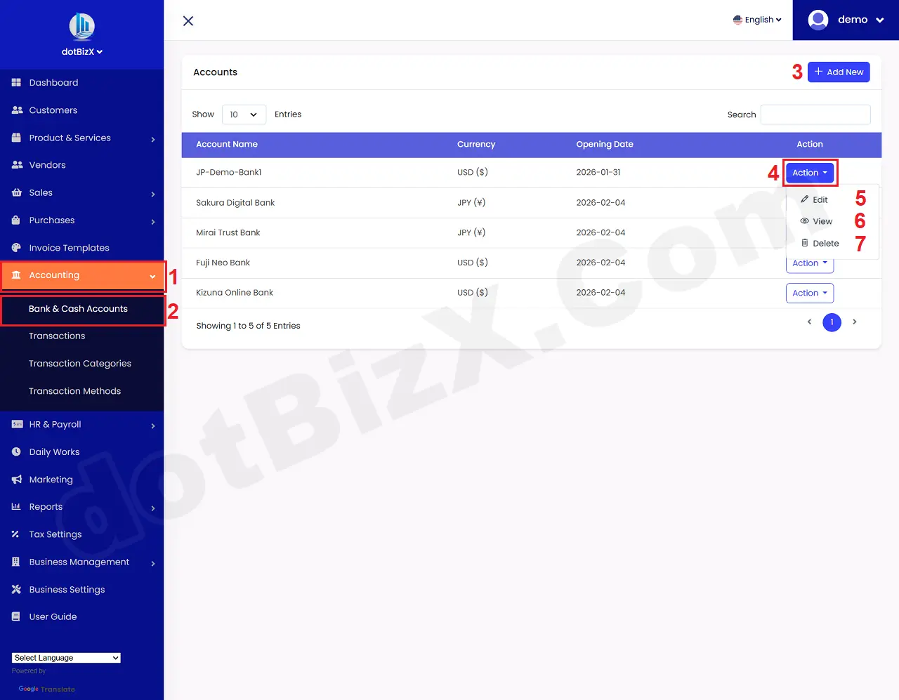 List of Bank & Cash Accounts