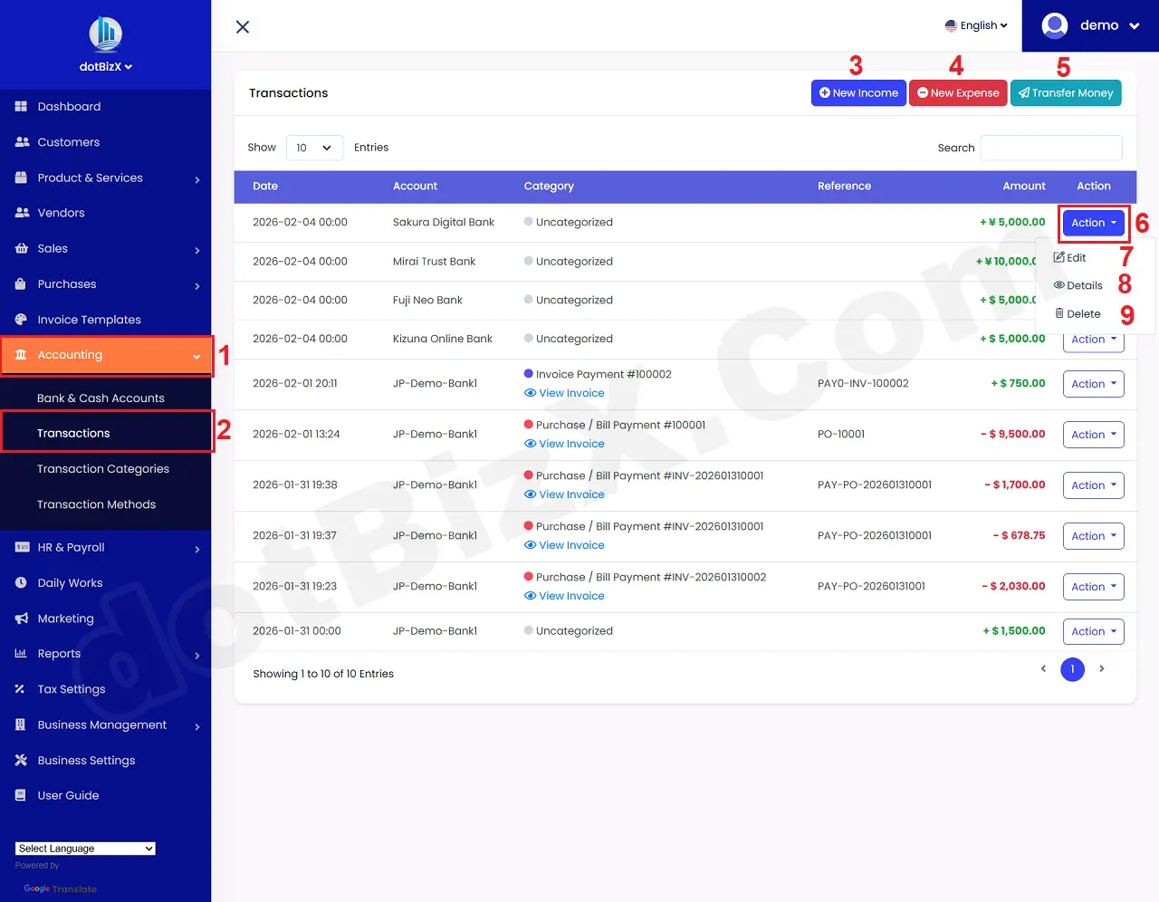 List of Transactions