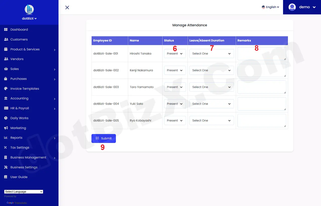 Manage Attendance Form - Step 2