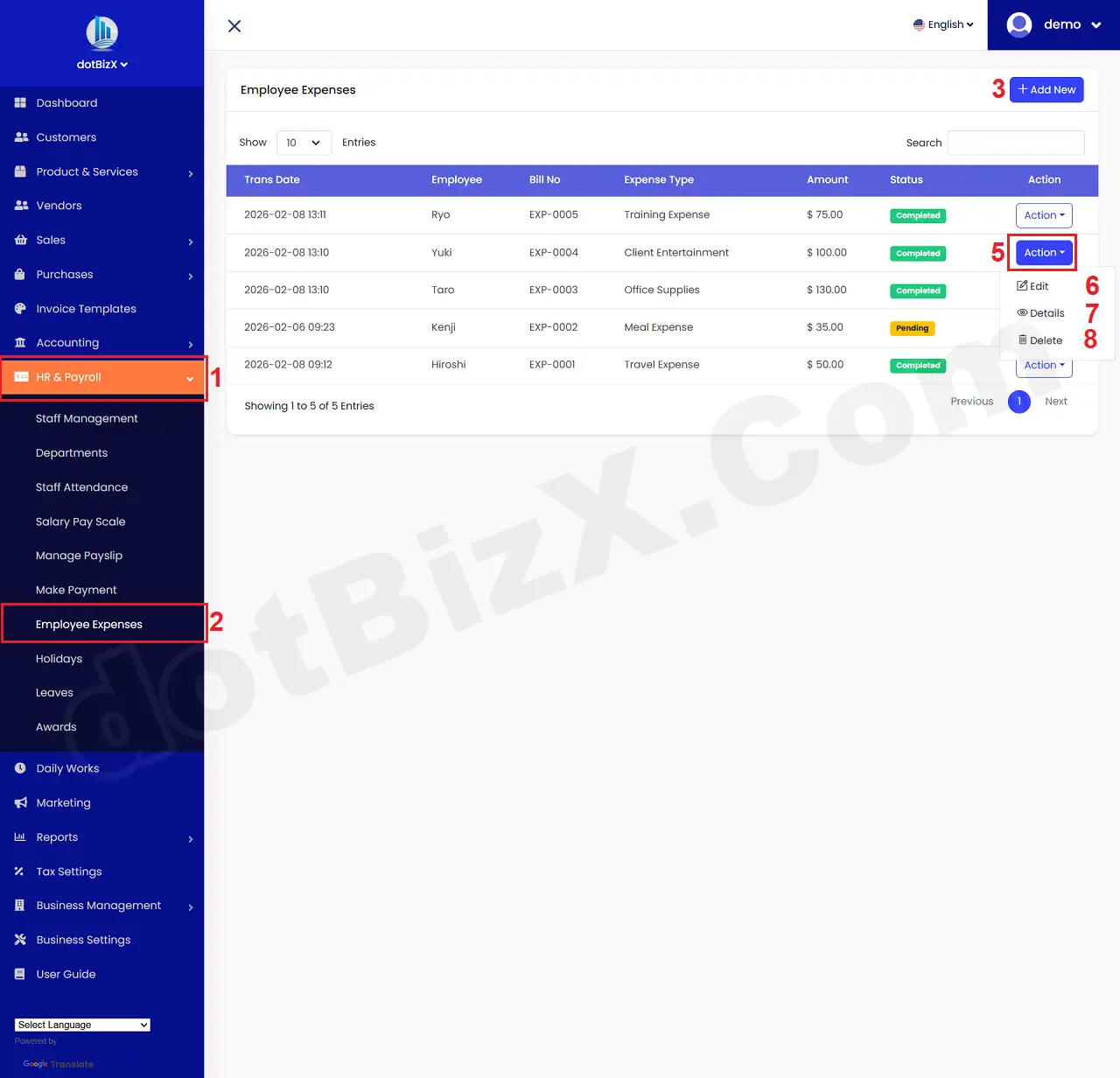 List of Employee Expenses