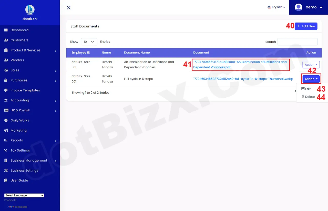 List of documents of an existing employee/staff