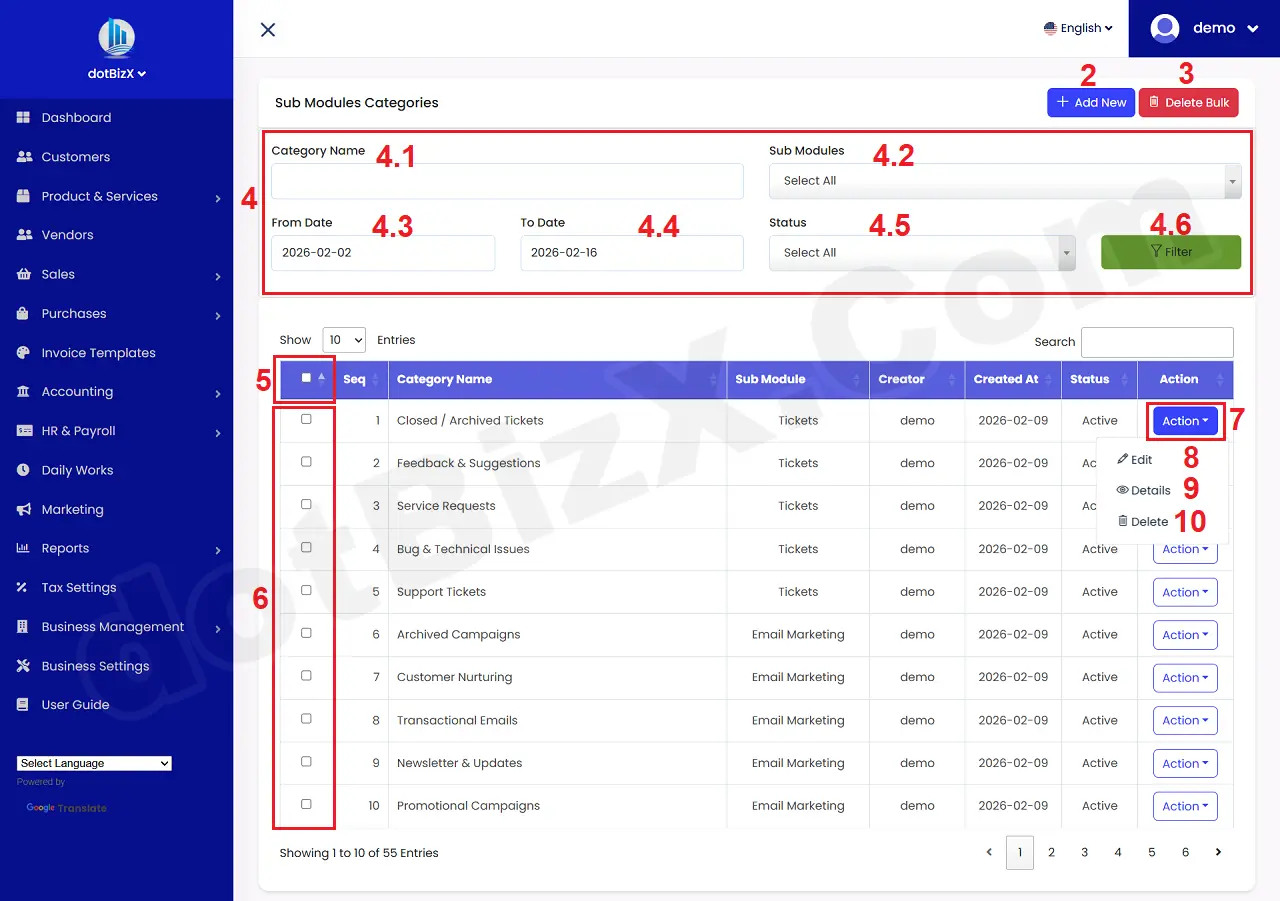 List of Categories of Sub Modules